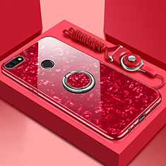 Carcasa Bumper Funda Silicona Espejo con Magnetico Anillo de dedo Soporte M01 para Huawei Y6 Prime (2018) Rojo