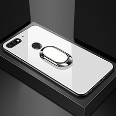 Carcasa Bumper Funda Silicona Espejo con Magnetico Anillo de dedo Soporte para Huawei Y6 Prime (2018) Blanco