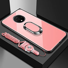 Carcasa Bumper Funda Silicona Espejo con Magnetico Anillo de dedo Soporte para OnePlus 7T Oro Rosa