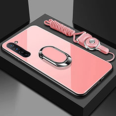 Carcasa Bumper Funda Silicona Espejo con Magnetico Anillo de dedo Soporte para Oppo F15 Rosa