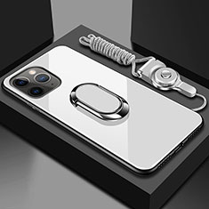 Carcasa Bumper Funda Silicona Espejo con Magnetico Anillo de dedo Soporte T01 para Apple iPhone 11 Pro Blanco