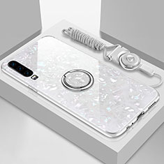 Carcasa Bumper Funda Silicona Espejo con Magnetico Anillo de dedo Soporte T01 para Huawei P30 Blanco