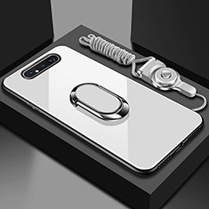 Carcasa Bumper Funda Silicona Espejo con Magnetico Anillo de dedo Soporte T01 para Samsung Galaxy A90 4G Blanco