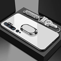 Carcasa Bumper Funda Silicona Espejo con Magnetico Anillo de dedo Soporte T01 para Xiaomi Mi Note 10 Pro Blanco