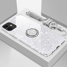 Carcasa Bumper Funda Silicona Espejo con Magnetico Anillo de dedo Soporte T02 para Apple iPhone 11 Blanco