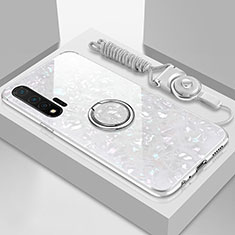 Carcasa Bumper Funda Silicona Espejo con Magnetico Anillo de dedo Soporte T02 para Huawei Nova 6 Blanco