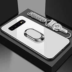 Carcasa Bumper Funda Silicona Espejo con Magnetico Anillo de dedo Soporte T02 para Samsung Galaxy S10 Plus Blanco
