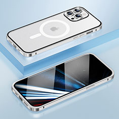 Carcasa Bumper Lujo Marco de Metal y Plastico Funda con Mag-Safe Magnetic LF1 para Apple iPhone 14 Pro Plata