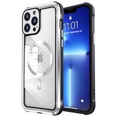 Carcasa Bumper Lujo Marco de Metal y Plastico Funda con Mag-Safe Magnetic LF2 para Apple iPhone 13 Pro Plata