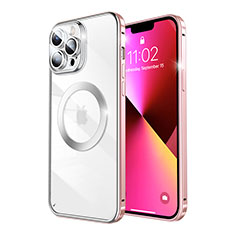 Carcasa Bumper Lujo Marco de Metal y Plastico Funda con Mag-Safe Magnetic LF5 para Apple iPhone 13 Pro Max Oro Rosa