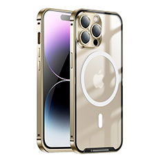 Carcasa Bumper Lujo Marco de Metal y Plastico Funda con Mag-Safe Magnetic LK1 para Apple iPhone 14 Pro Oro