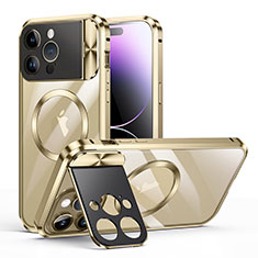 Carcasa Bumper Lujo Marco de Metal y Plastico Funda con Mag-Safe Magnetic LK4 para Apple iPhone 14 Pro Oro