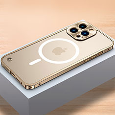 Carcasa Bumper Lujo Marco de Metal y Plastico Funda con Mag-Safe Magnetic QC1 para Apple iPhone 13 Pro Max Oro