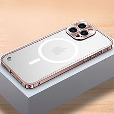 Carcasa Bumper Lujo Marco de Metal y Plastico Funda con Mag-Safe Magnetic QC1 para Apple iPhone 13 Pro Max Oro Rosa