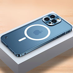 Carcasa Bumper Lujo Marco de Metal y Plastico Funda con Mag-Safe Magnetic QC1 para Apple iPhone 15 Pro Azul