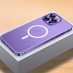 Carcasa Bumper Lujo Marco de Metal y Plastico Funda con Mag-Safe Magnetic QC2 para Apple iPhone 14 Pro Morado