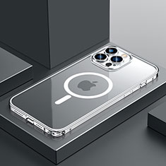 Carcasa Bumper Lujo Marco de Metal y Plastico Funda con Mag-Safe Magnetic QC3 para Apple iPhone 13 Pro Plata
