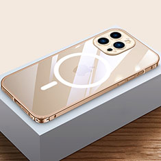 Carcasa Bumper Lujo Marco de Metal y Plastico Funda con Mag-Safe Magnetic QC4 para Apple iPhone 14 Pro Oro