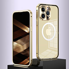 Carcasa Bumper Lujo Marco de Metal y Plastico Funda con Mag-Safe Magnetic QC5 para Apple iPhone 15 Pro Oro