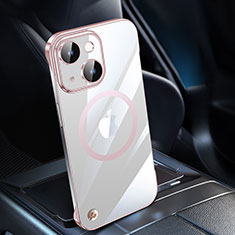Carcasa Dura Cristal Plastico Funda Rigida Transparente con Mag-Safe Magnetic QC1 para Apple iPhone 14 Oro Rosa