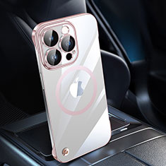 Carcasa Dura Cristal Plastico Funda Rigida Transparente con Mag-Safe Magnetic QC1 para Apple iPhone 15 Pro Max Oro Rosa