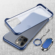 Carcasa Dura Cristal Plastico Funda Rigida Transparente con Magnetico Anillo de dedo Soporte para Apple iPhone 13 Pro Azul