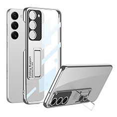 Carcasa Dura Cristal Plastico Funda Rigida Transparente con Soporte AC1 para Samsung Galaxy S21 5G Plata