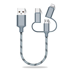 Cargador Cable Lightning USB Carga y Datos Android Micro USB Type-C 25cm S01 para Oneplus Nord N300 5G Gris