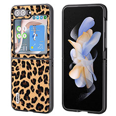 Funda Bumper Lujo Cuero y Plastico Mate Carcasa AD5 para Samsung Galaxy Z Flip5 5G Marron Claro