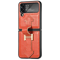 Funda Bumper Lujo Cuero y Plastico Mate Carcasa B04 para Samsung Galaxy Z Flip4 5G Naranja