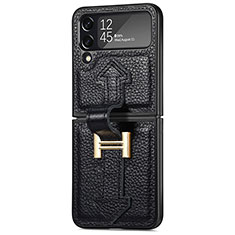 Funda Bumper Lujo Cuero y Plastico Mate Carcasa B04 para Samsung Galaxy Z Flip4 5G Negro