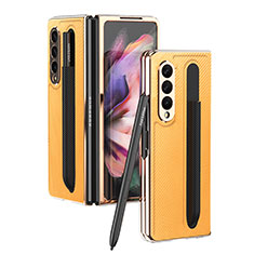 Funda Bumper Lujo Cuero y Plastico Mate Carcasa C04 para Samsung Galaxy Z Fold3 5G Amarillo