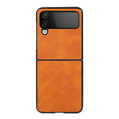 Funda Bumper Lujo Cuero y Plastico Mate Carcasa C07 para Samsung Galaxy Z Flip4 5G Naranja