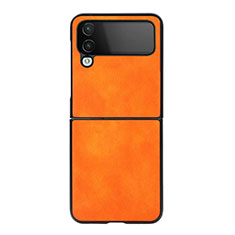 Funda Bumper Lujo Cuero y Plastico Mate Carcasa C09 para Samsung Galaxy Z Flip4 5G Naranja