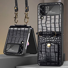 Funda Bumper Lujo Cuero y Plastico Mate Carcasa H03 para Samsung Galaxy Z Flip4 5G Negro