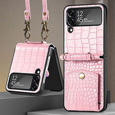 Funda Bumper Lujo Cuero y Plastico Mate Carcasa H03 para Samsung Galaxy Z Flip4 5G Oro Rosa