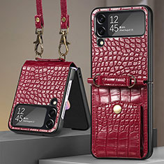Funda Bumper Lujo Cuero y Plastico Mate Carcasa H03 para Samsung Galaxy Z Flip4 5G Rojo