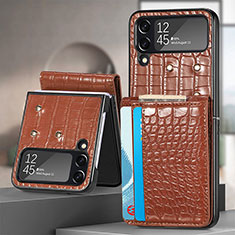 Funda Bumper Lujo Cuero y Plastico Mate Carcasa H04 para Samsung Galaxy Z Flip4 5G Marron
