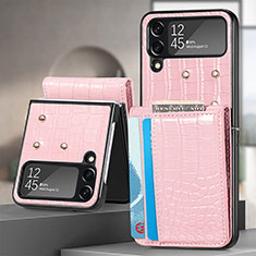 Funda Bumper Lujo Cuero y Plastico Mate Carcasa H04 para Samsung Galaxy Z Flip4 5G Oro Rosa