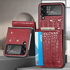 Funda Bumper Lujo Cuero y Plastico Mate Carcasa H04 para Samsung Galaxy Z Flip4 5G Rojo