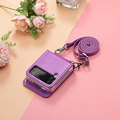 Funda Bumper Lujo Cuero y Plastico Mate Carcasa H05 para Samsung Galaxy Z Flip3 5G Morado