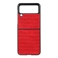 Funda Bumper Lujo Cuero y Plastico Mate Carcasa H06 para Samsung Galaxy Z Flip3 5G Rojo