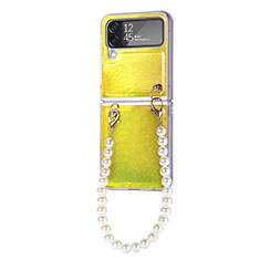 Funda Bumper Lujo Cuero y Plastico Mate Carcasa H09 para Samsung Galaxy Z Flip4 5G Amarillo