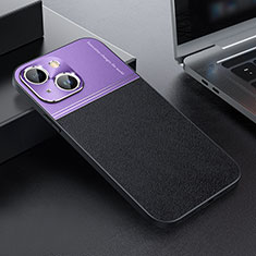 Funda Bumper Lujo Cuero y Plastico Mate Carcasa QC1 para Apple iPhone 14 Plus Morado