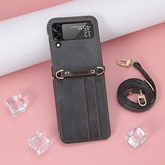 Funda Bumper Lujo Cuero y Plastico Mate Carcasa R06 para Samsung Galaxy Z Flip3 5G Negro