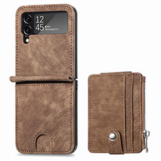 Funda Bumper Lujo Cuero y Plastico Mate Carcasa S06 para Samsung Galaxy Z Flip4 5G Marron