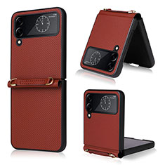 Funda Bumper Lujo Cuero y Plastico Mate Carcasa T03 para Samsung Galaxy Z Flip4 5G Marron