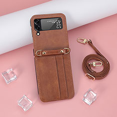 Funda Bumper Lujo Cuero y Plastico Mate Carcasa T08 para Samsung Galaxy Z Flip4 5G Marron