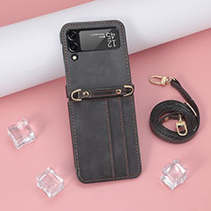 Funda Bumper Lujo Cuero y Plastico Mate Carcasa T08 para Samsung Galaxy Z Flip4 5G Negro