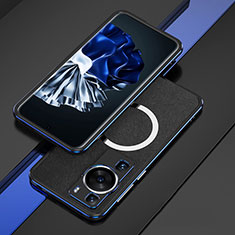 Funda Bumper Lujo Marco de Aluminio Carcasa con Mag-Safe Magnetic para Huawei P60 Pro Azul y Negro